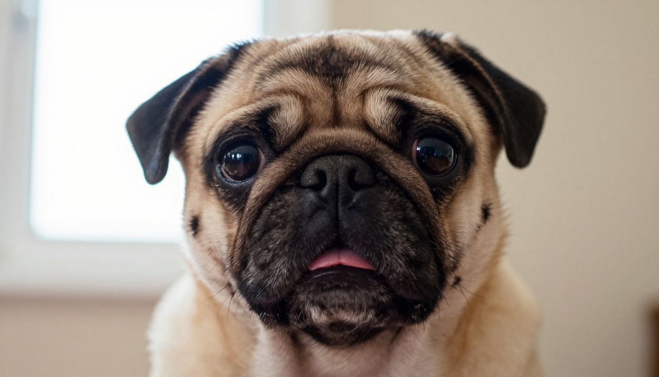 Extreme close-up of a fawn pug facing the camera with its mouth slightly open