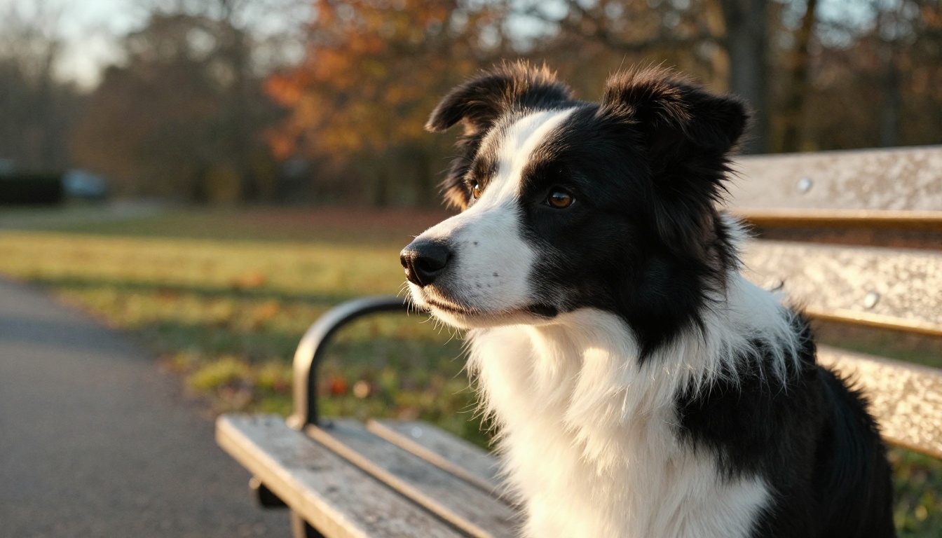 A border collie in strict side profile sitting on a park bench at golden hour