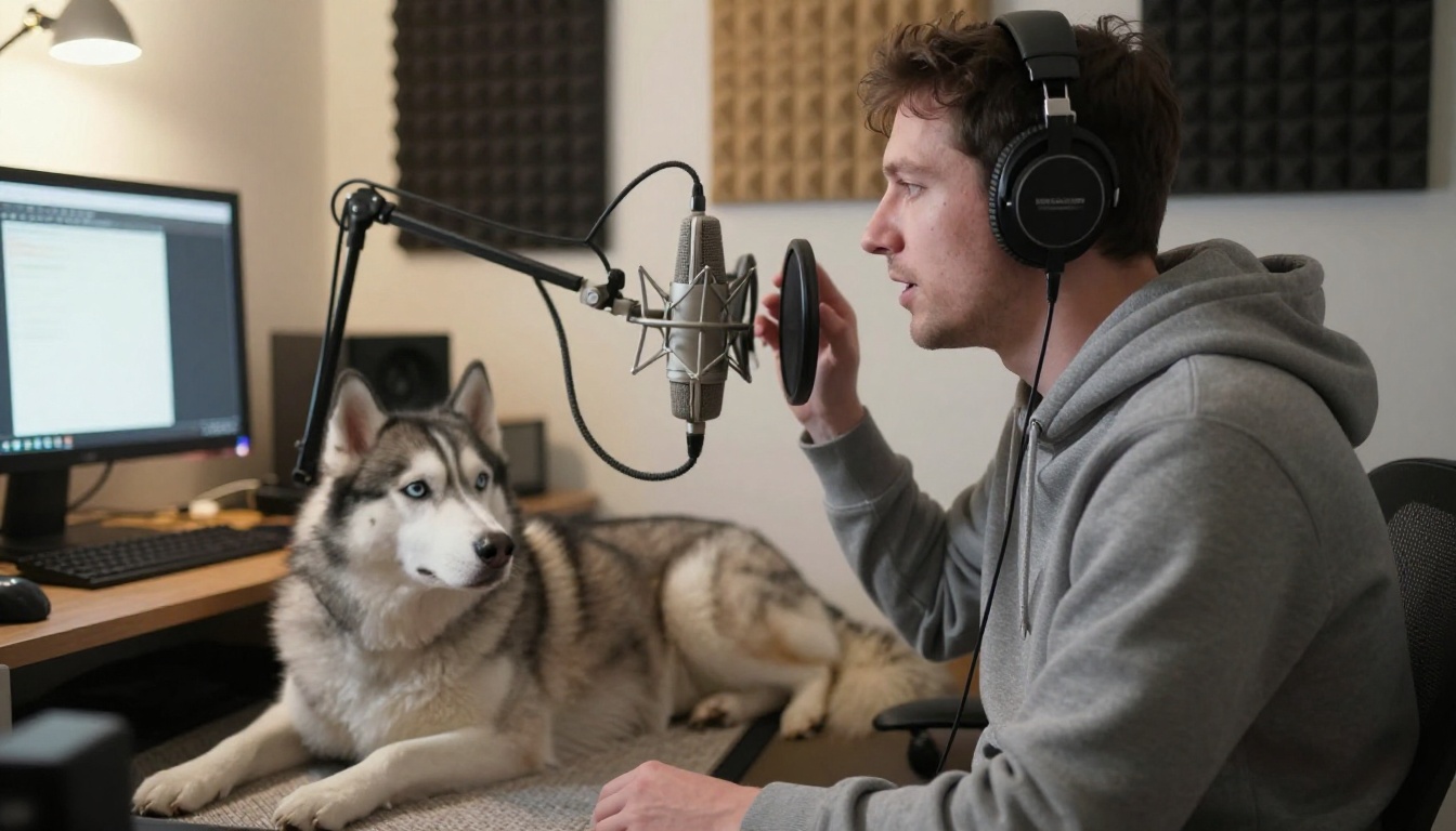 A man in a gray hoodie recording a voiceover while a husky lies at his feet