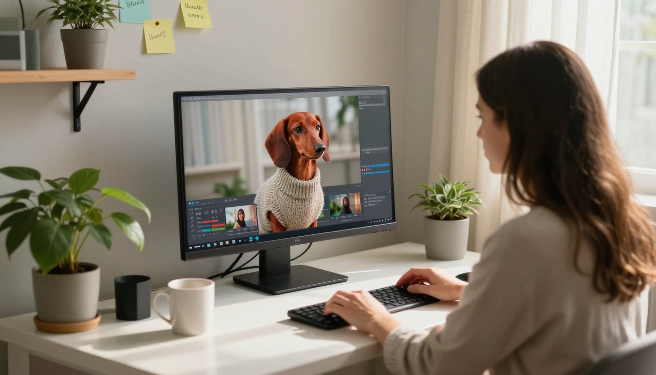 A woman editing a short video at her desk while a red dachshund watches the screen