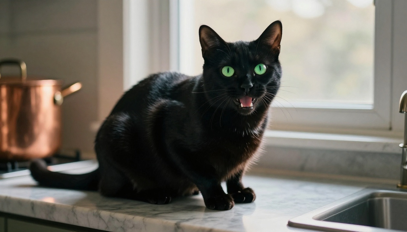 A black cat on a marble kitchen counter shot from a low angle, meowing at the camera