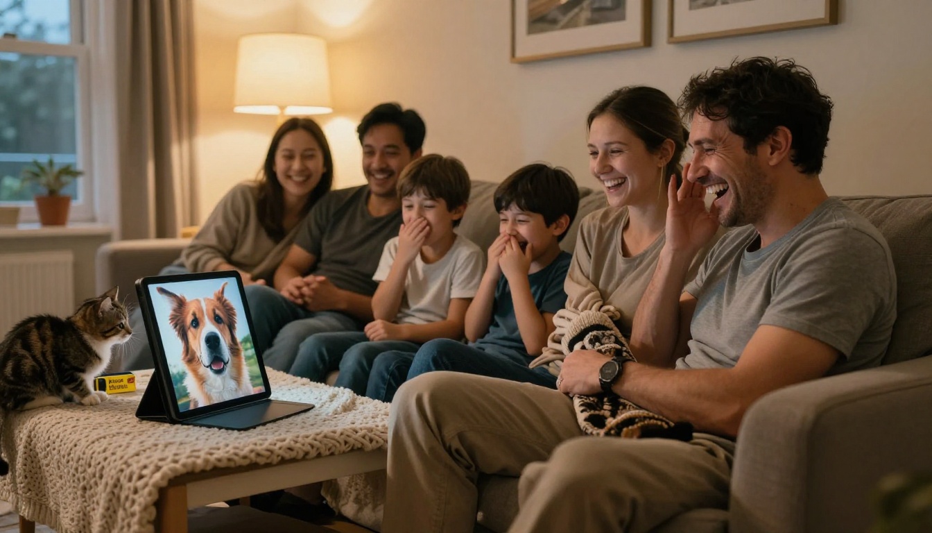 A family laughing on a sofa while watching a tablet that shows a dog's face