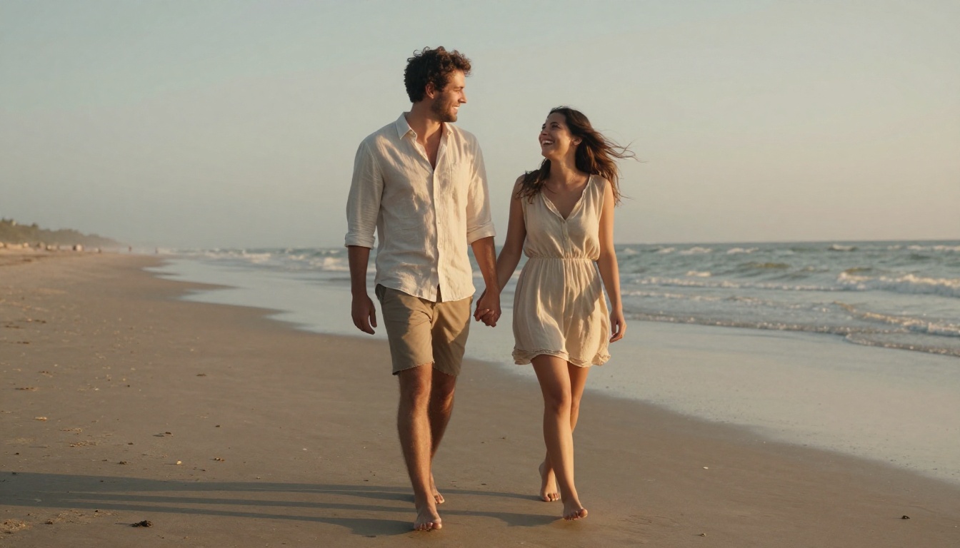Couple walking barefoot along an empty beach at golden hour