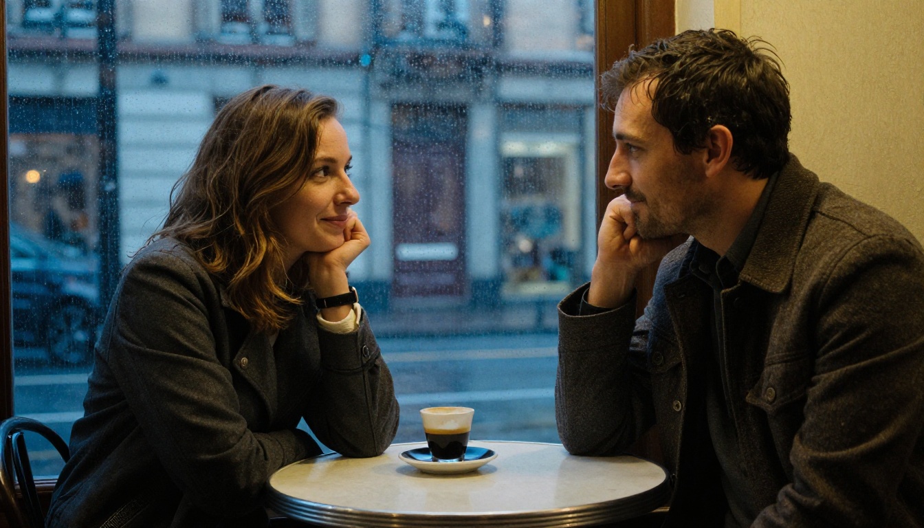 Couple sharing espresso at a rain-streaked café window