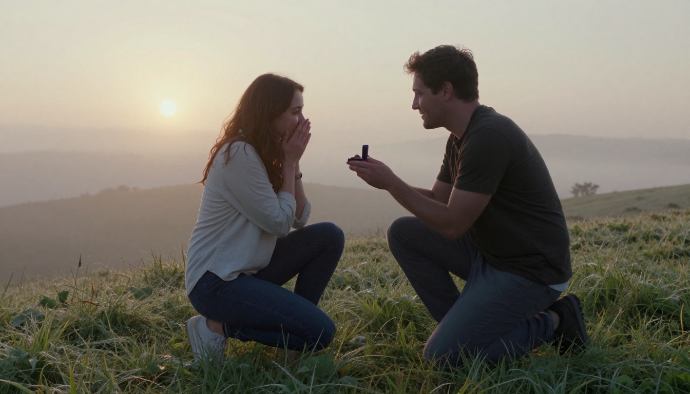 Man kneeling with a ring box on a misty hilltop at sunrise
