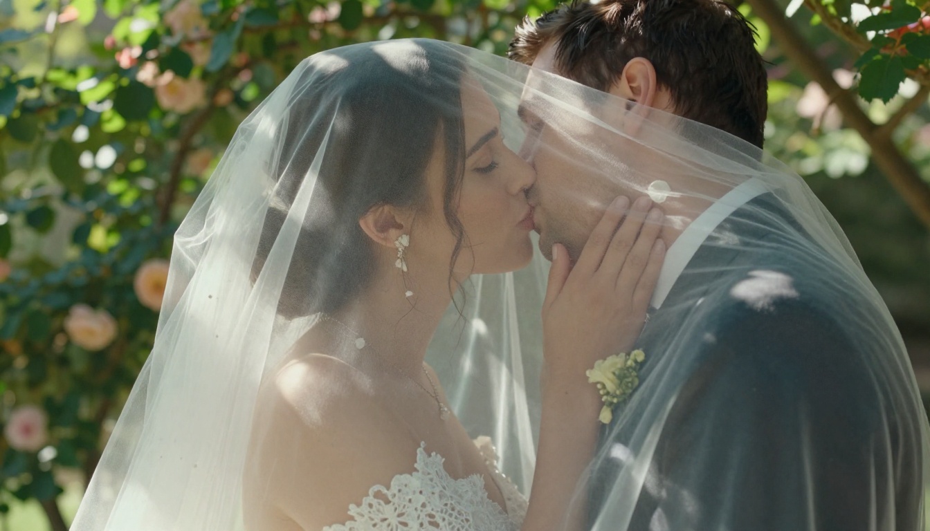 Bride and groom almost kissing in a sunlit rose garden