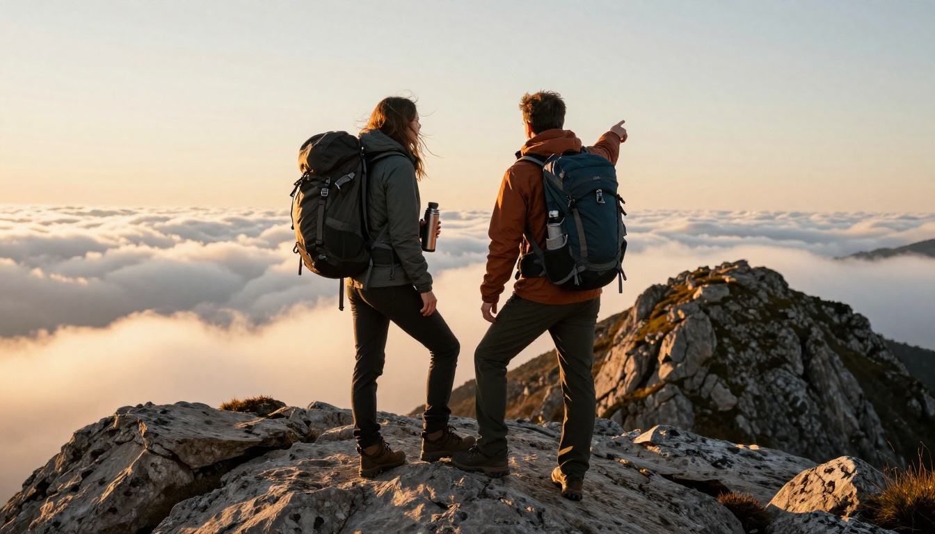 Hiking couple on a rocky ridge above a sea of clouds