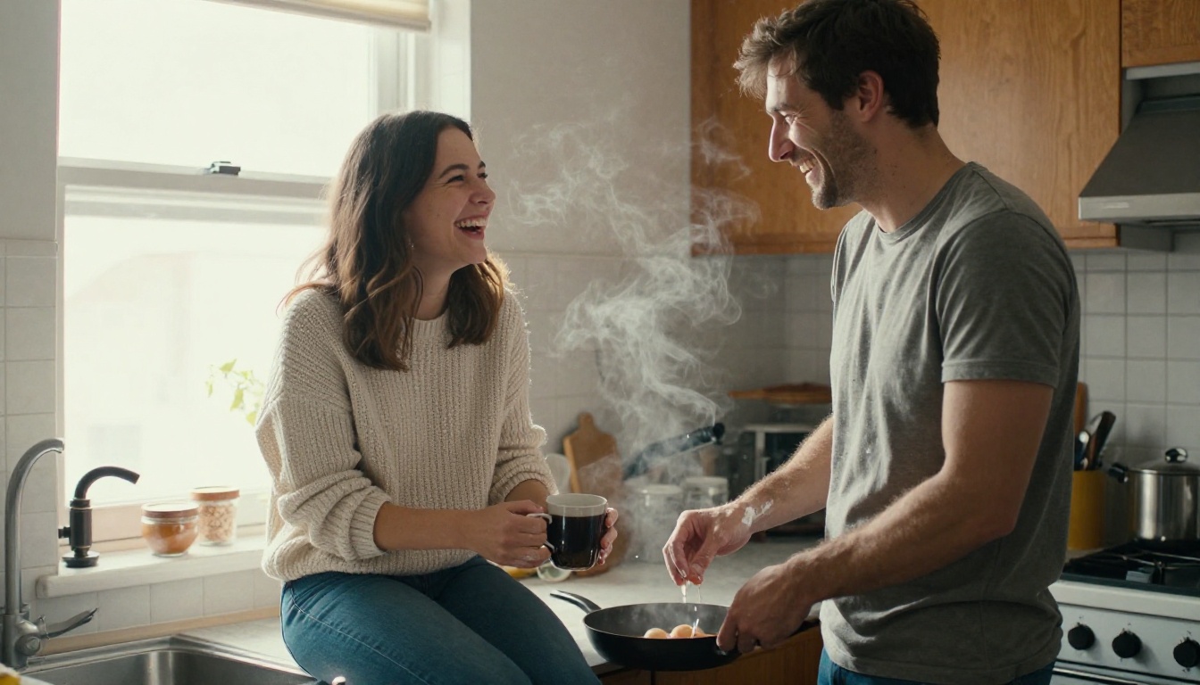 Couple laughing together in a sunlit home kitchen