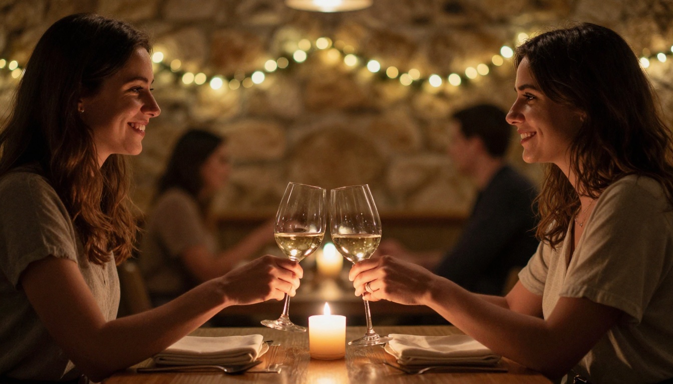 Couple clinking wine glasses at a candlelit table