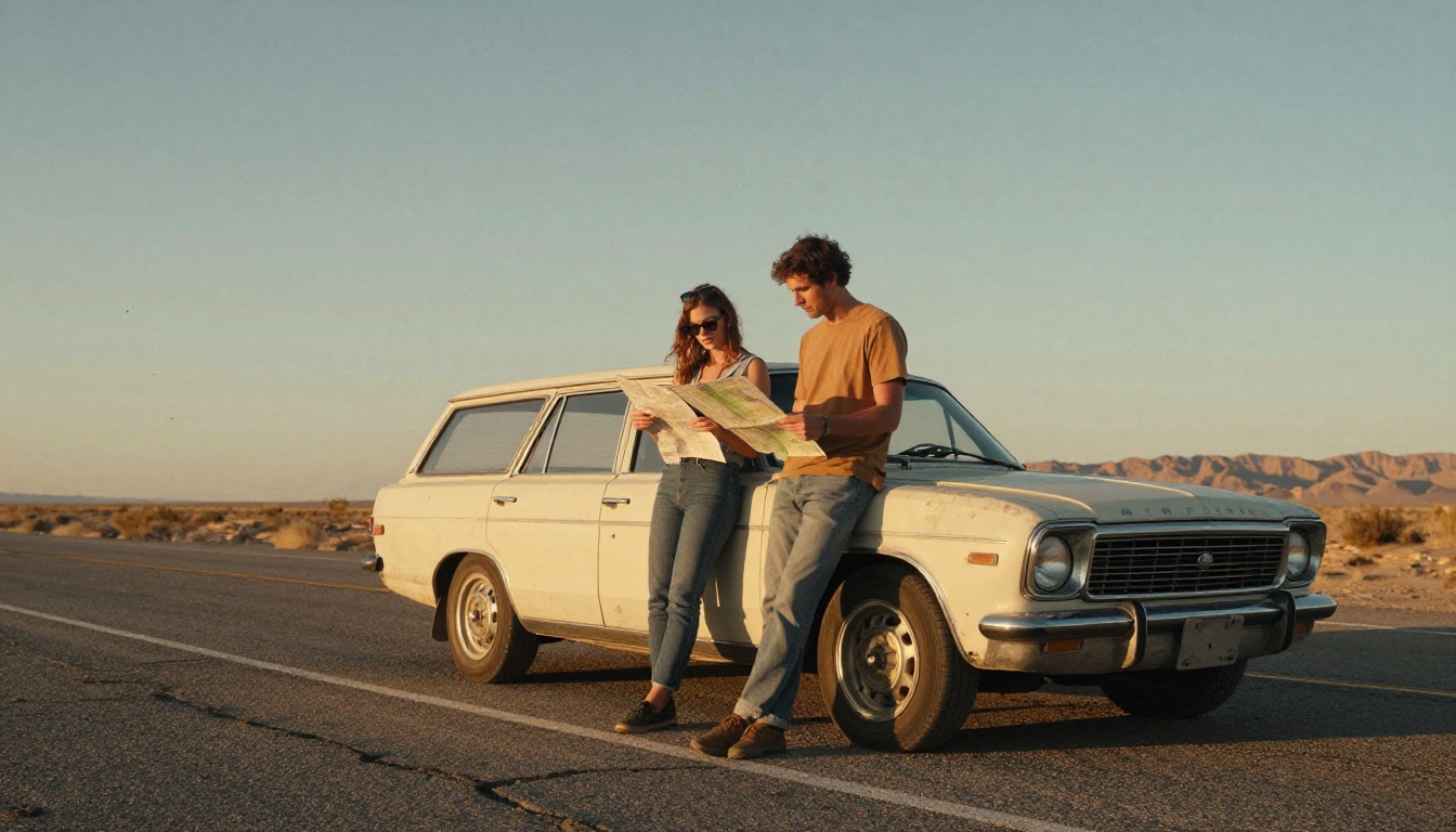 Couple leaning on a vintage station wagon on an empty desert highway