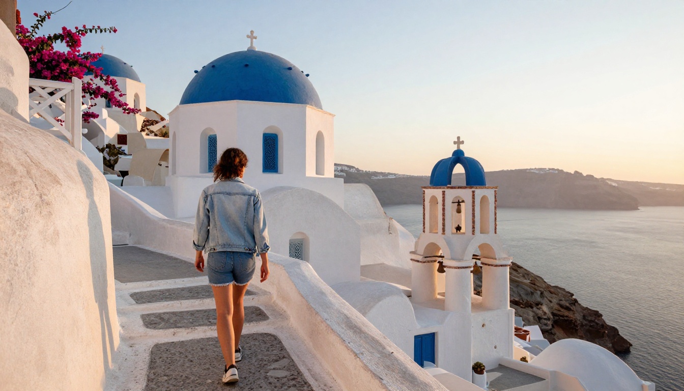 A traveler in a denim jacket climbing a whitewashed staircase in Oia, Santorini, under soft sunrise light