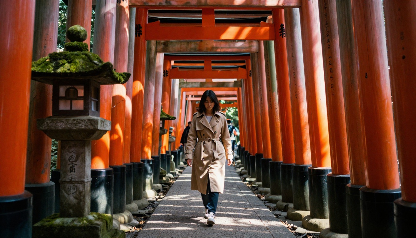 A woman in a beige trench coat walking through the vermilion torii gates of Fushimi Inari in Kyoto