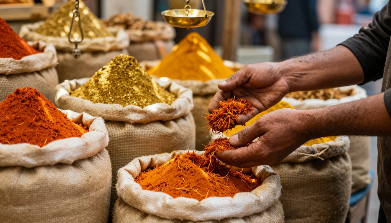 Close-up of a vendor's hands scooping saffron and paprika in a Marrakech spice market