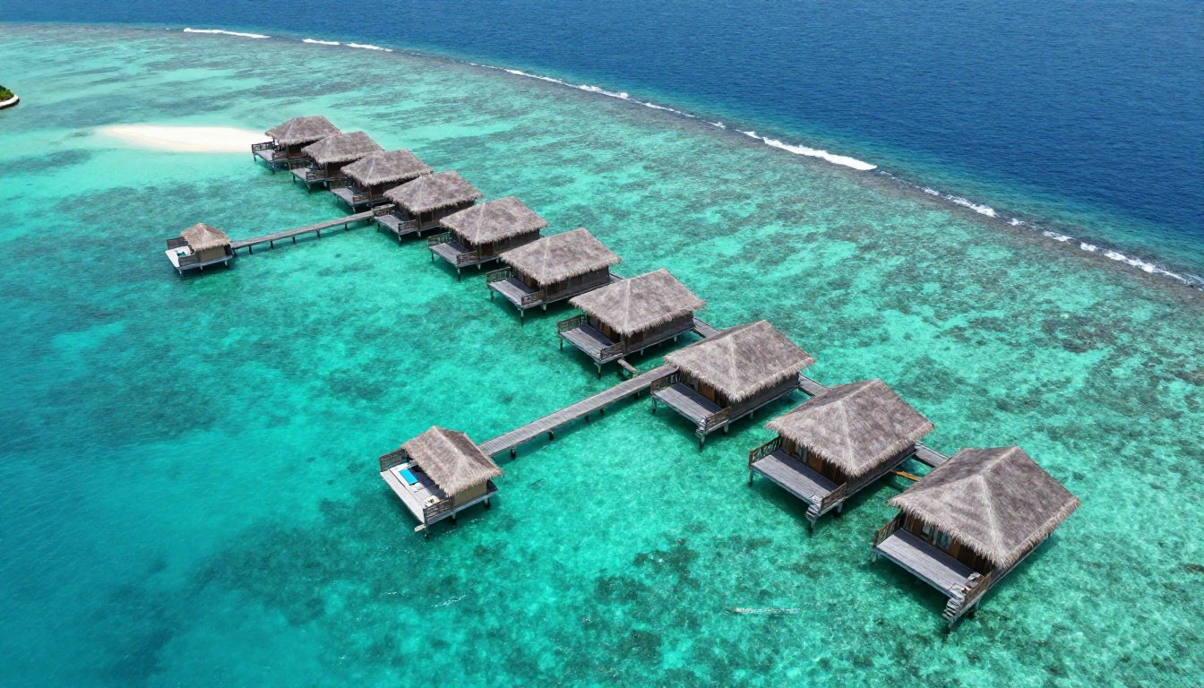 Aerial view of thatched overwater bungalows on a turquoise Maldives lagoon