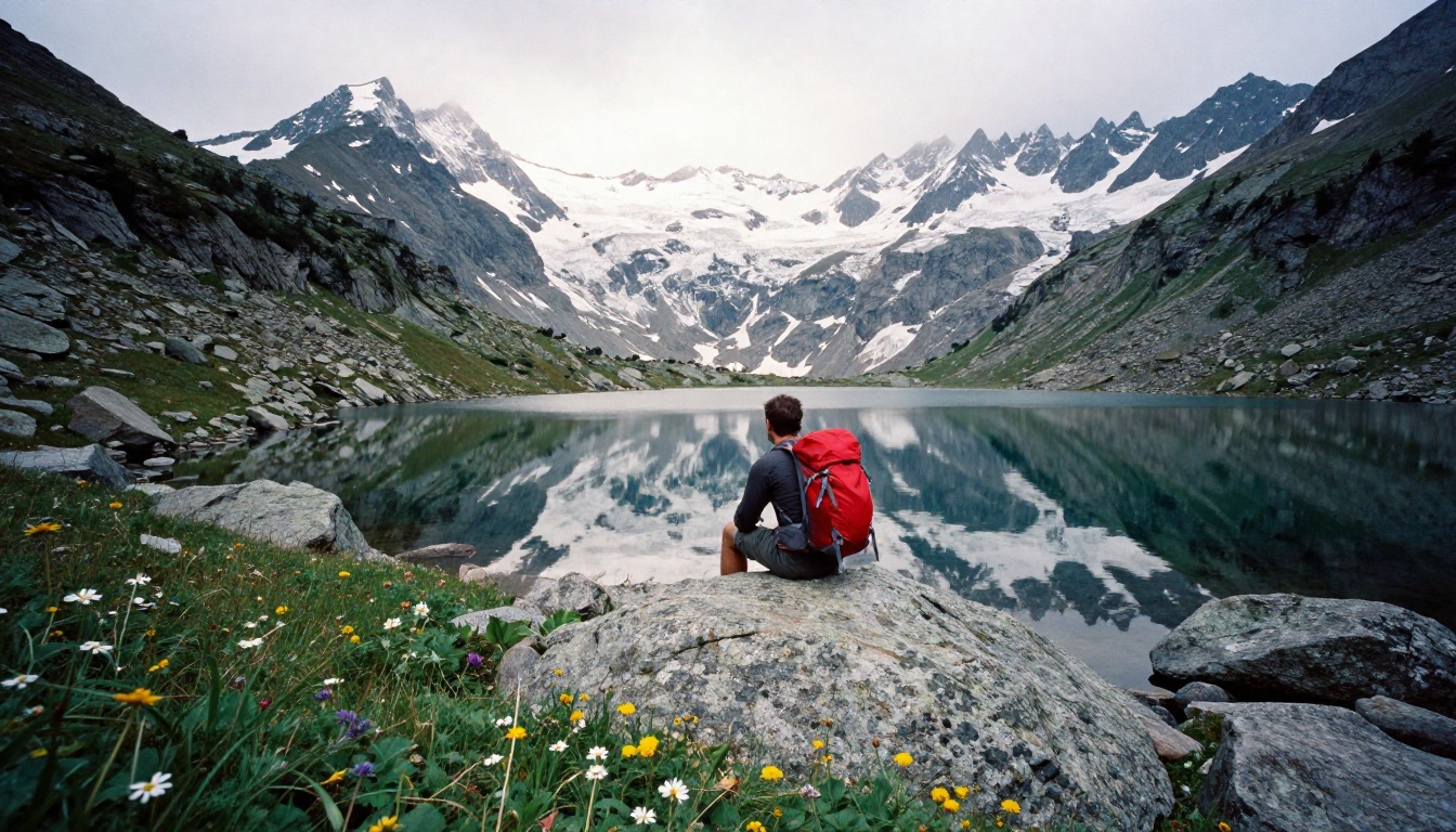 A hiker with a red backpack sitting on a granite boulder beside an alpine lake in the Swiss Alps