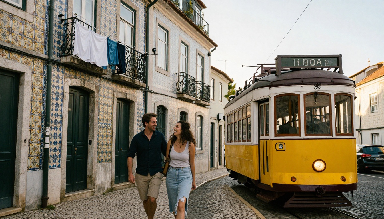 A couple laughing on a cobblestone hill in Lisbon beside a vintage yellow tram