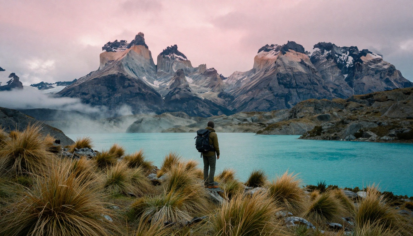 A small backpacker on a windswept ridge facing the granite spires of Torres del Paine at dawn
