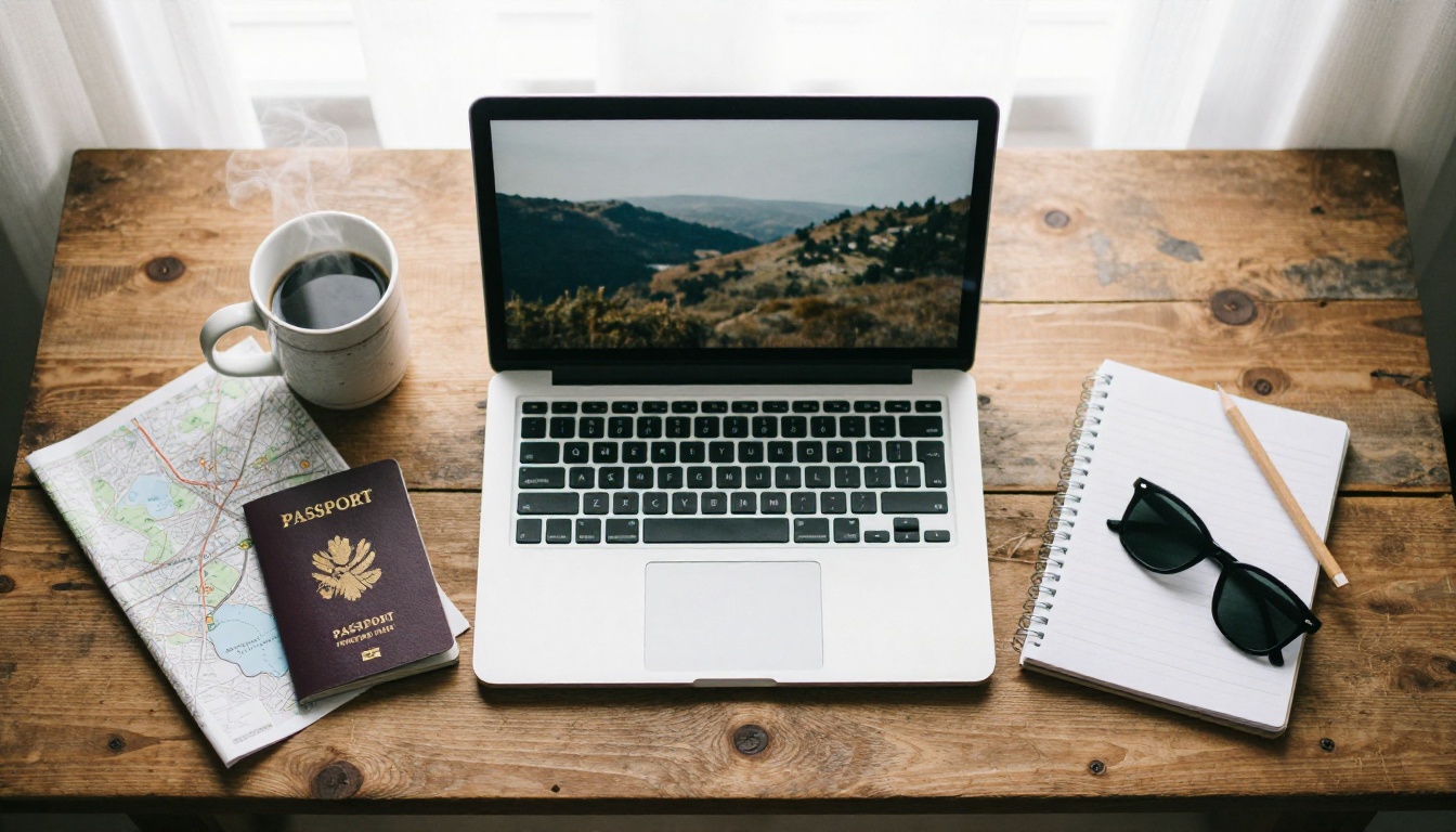 An open laptop, coffee mug, passport and paper map on an oak desk, the setup for writing travel photo prompts