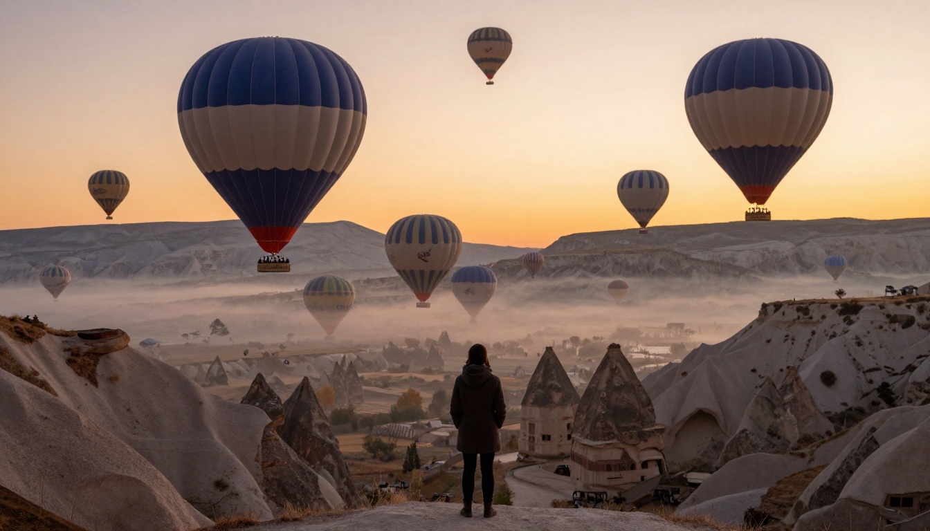 Hot air balloons rising over the fairy chimney valleys of Cappadocia at sunrise