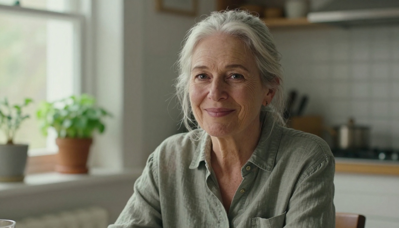 A woman of seventy-eight with silver hair and warm laugh lines smiling beside a bright kitchen window