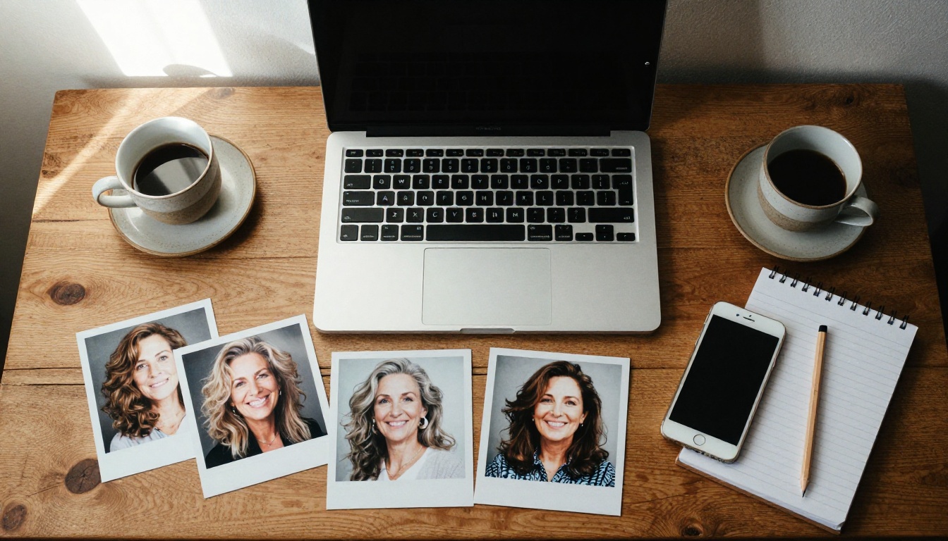 Overhead view of an oak desk with a laptop, a phone and two printed photos of the same woman at thirty and seventy