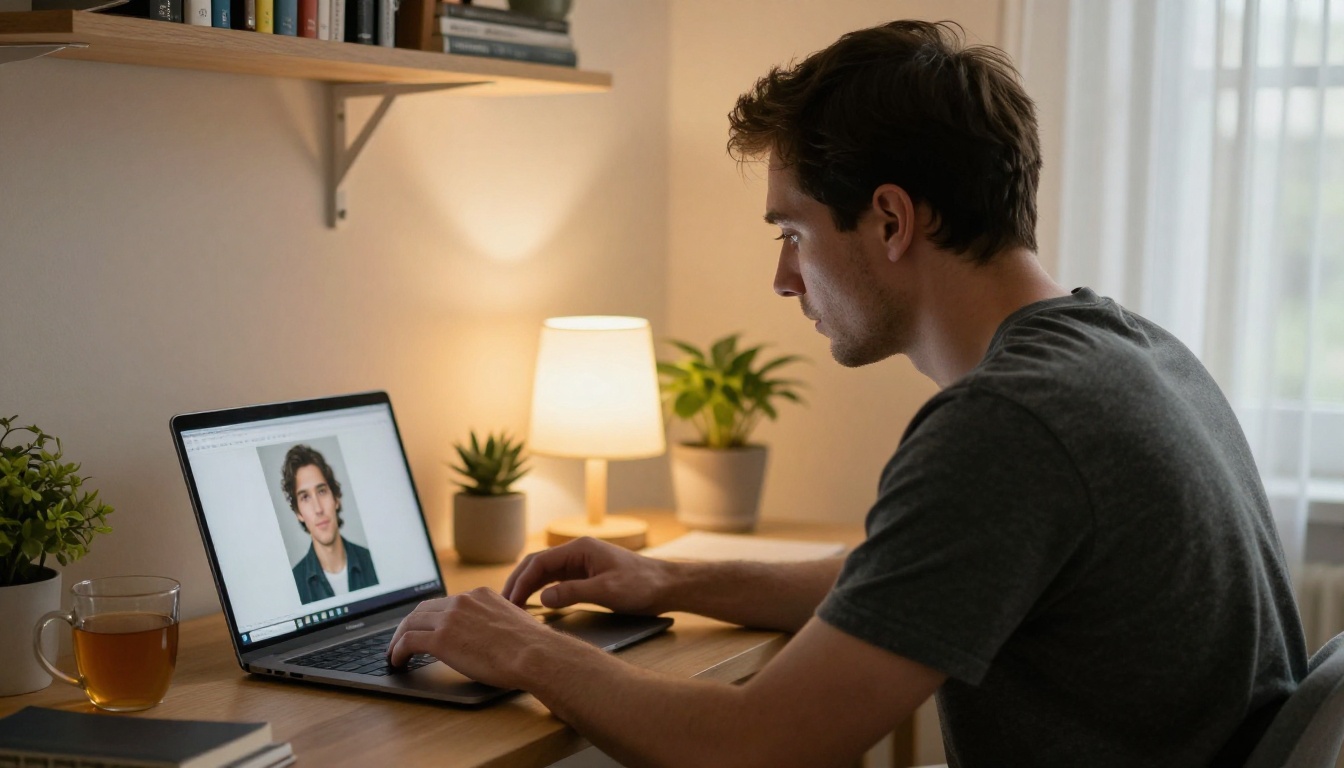 Over-the-shoulder view of a man choosing a portrait photo on a laptop at a home office desk