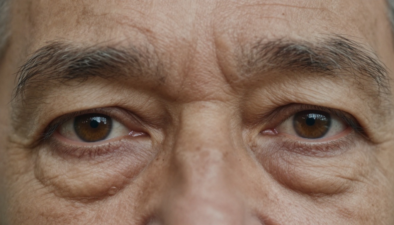 Macro close-up of an elderly man's eyes with fine wrinkles radiating from the corners