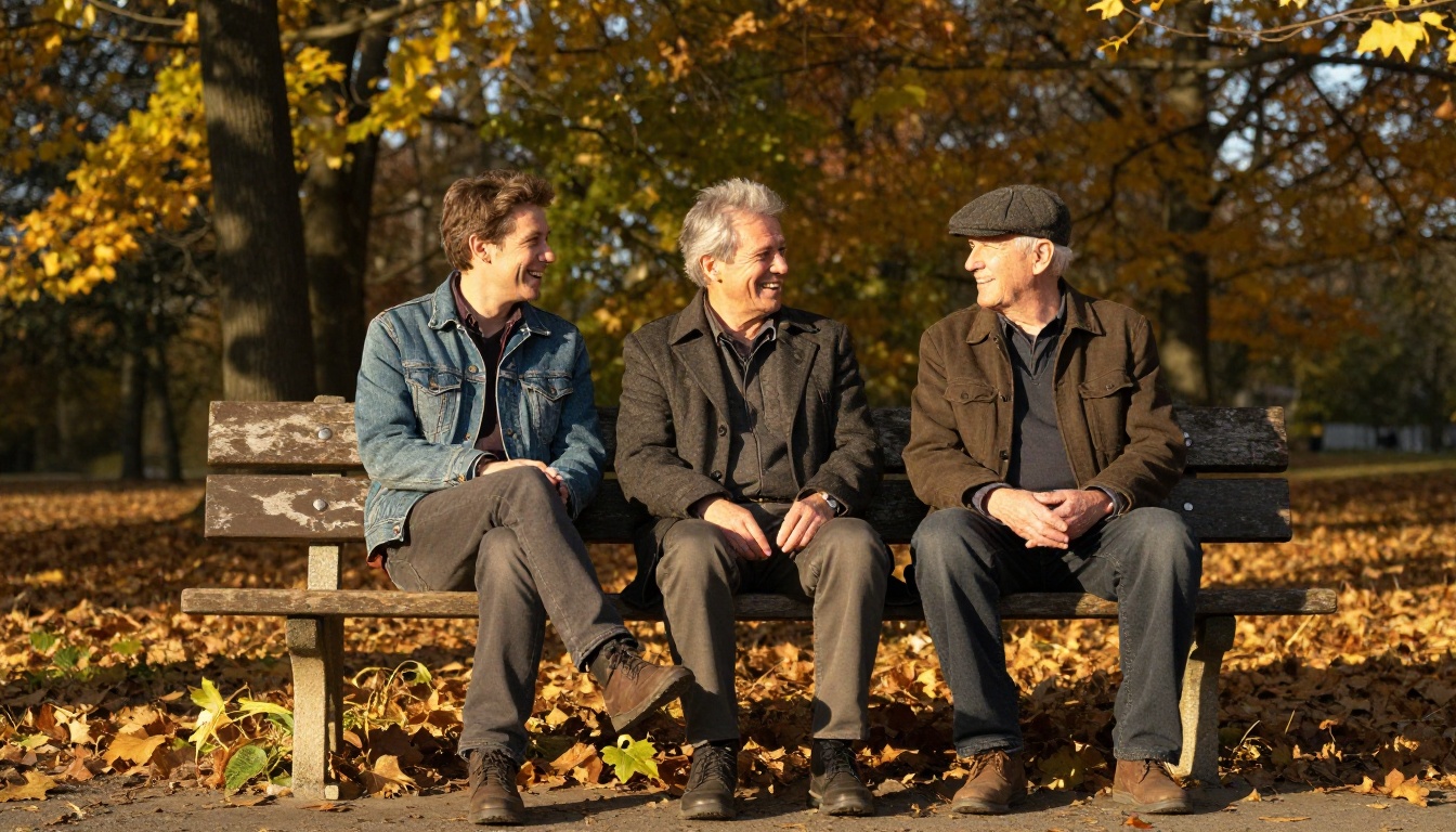 Three men aged about twenty-five, fifty and seventy-five laughing together on a park bench in autumn
