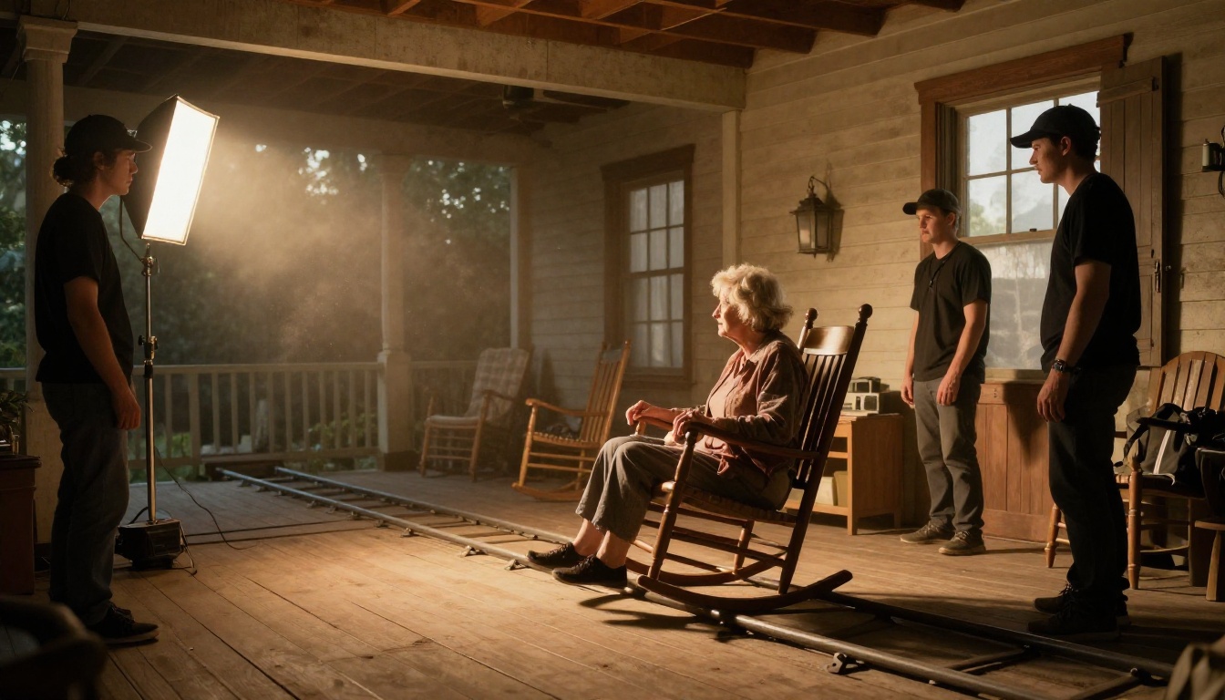 Low-angle behind-the-scenes view of a cinema camera on a dolly track pointed at an elderly actress on a porch set