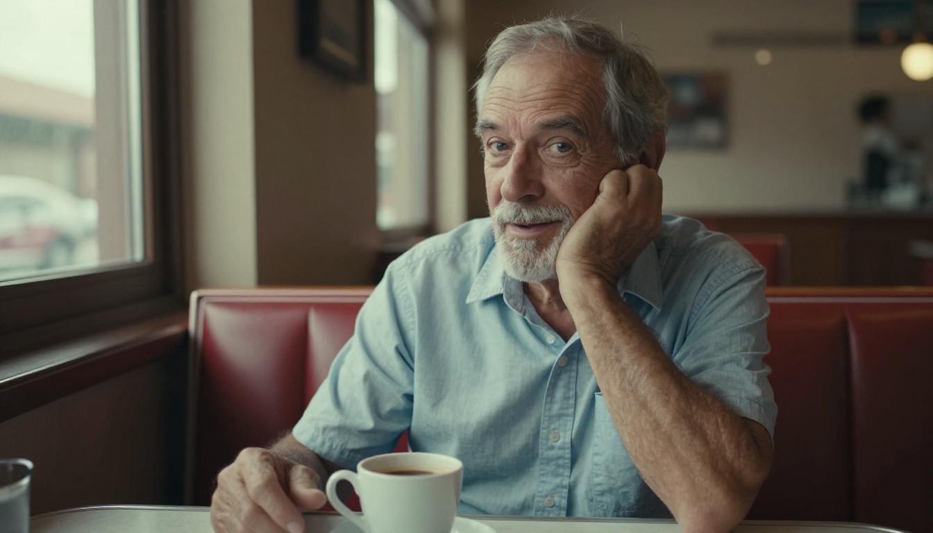 A seventy-year-old man turning toward the camera with a slow surprised smile in a retro diner booth