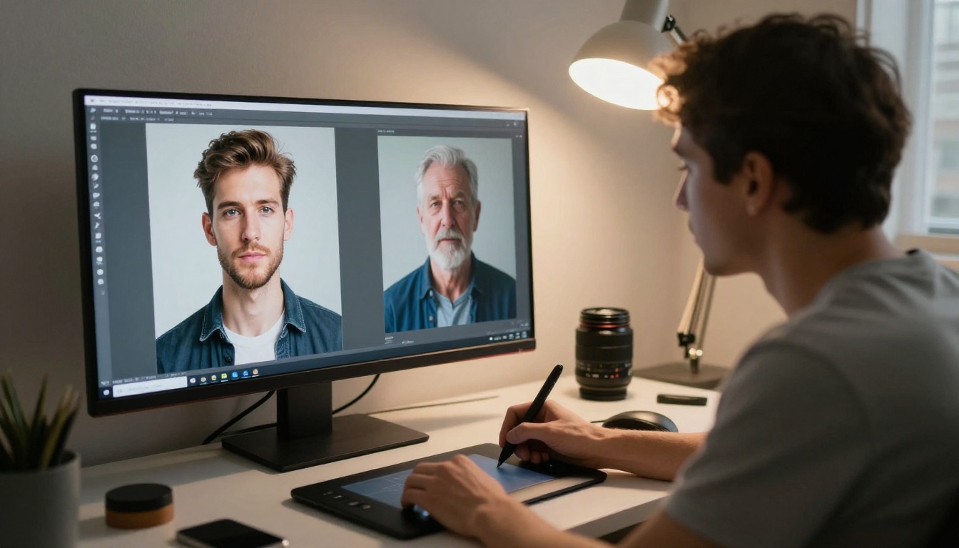 Side view of a photo retoucher comparing a younger and an older portrait of the same person on a wide monitor