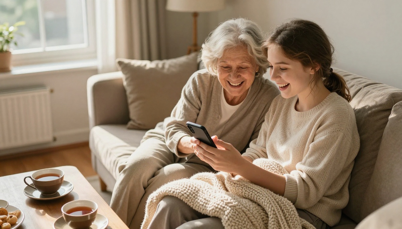 High-angle view of a grandmother and her teenage granddaughter laughing at a phone together on a living room sofa