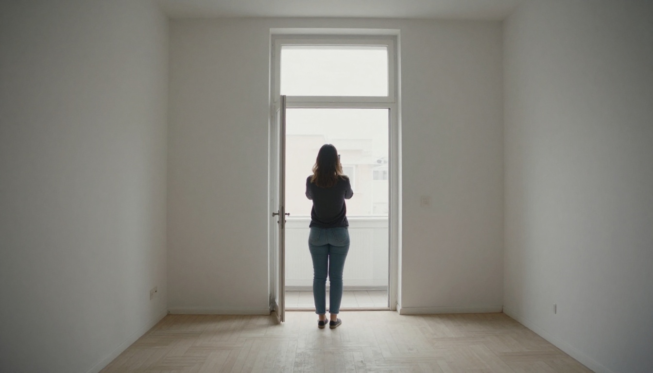 A woman photographs an empty apartment living room with her phone before an AI redesign