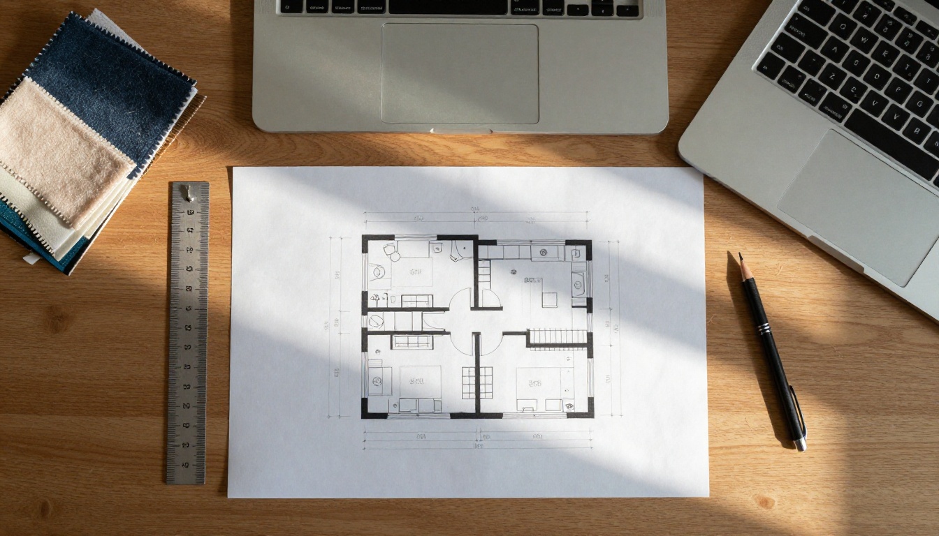 An architectural floor plan with fabric swatches and a pencil on a wooden desk