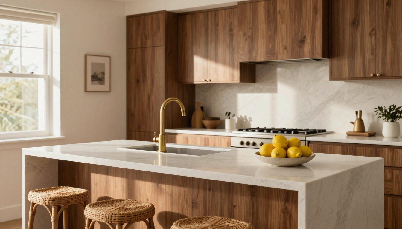 A modern kitchen with walnut cabinets, a quartz island and a brass faucet in warm afternoon light