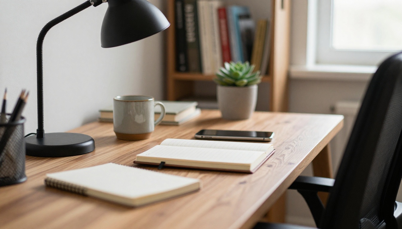 A walnut home office desk with a lamp, notebook and ceramic mug in soft window light
