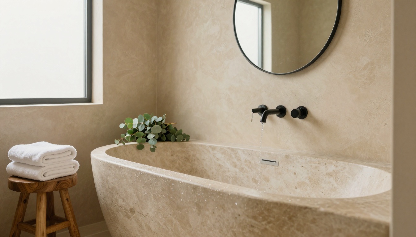 A spa-style bathroom with a freestanding stone bathtub and warm plaster walls