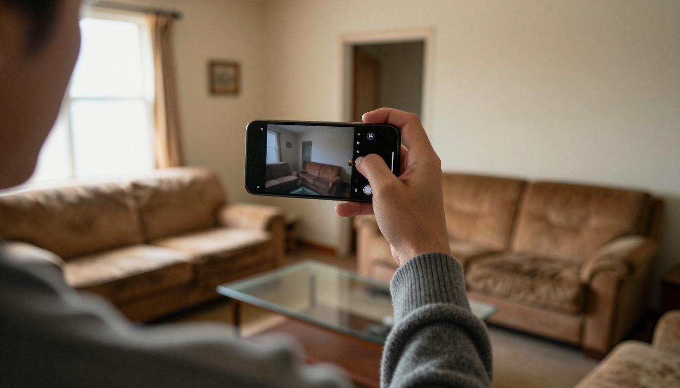 A person photographing a dated living room with a smartphone before an AI room redesign