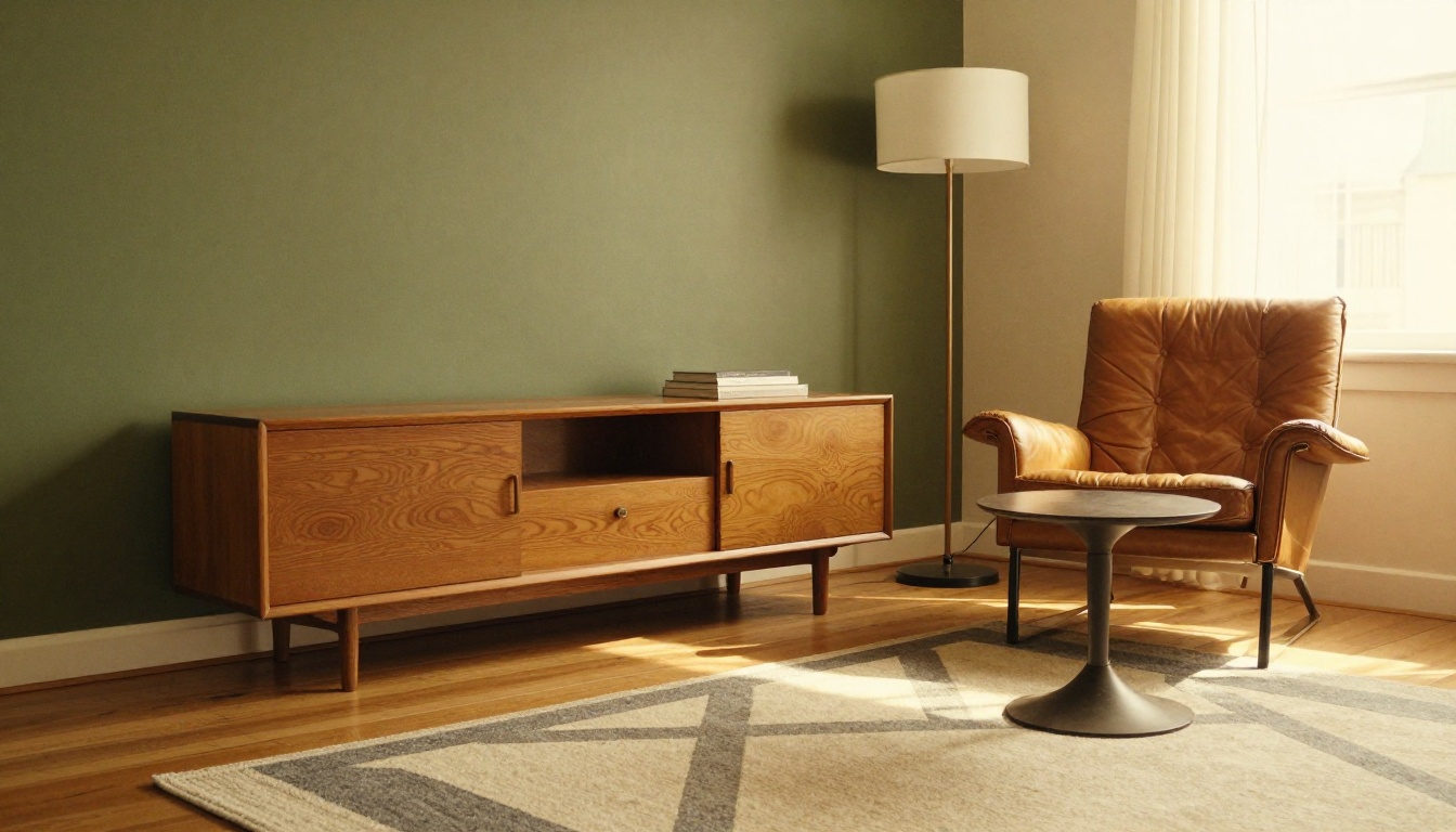 A mid-century modern living room photographed from floor level with a teak sideboard and leather chair