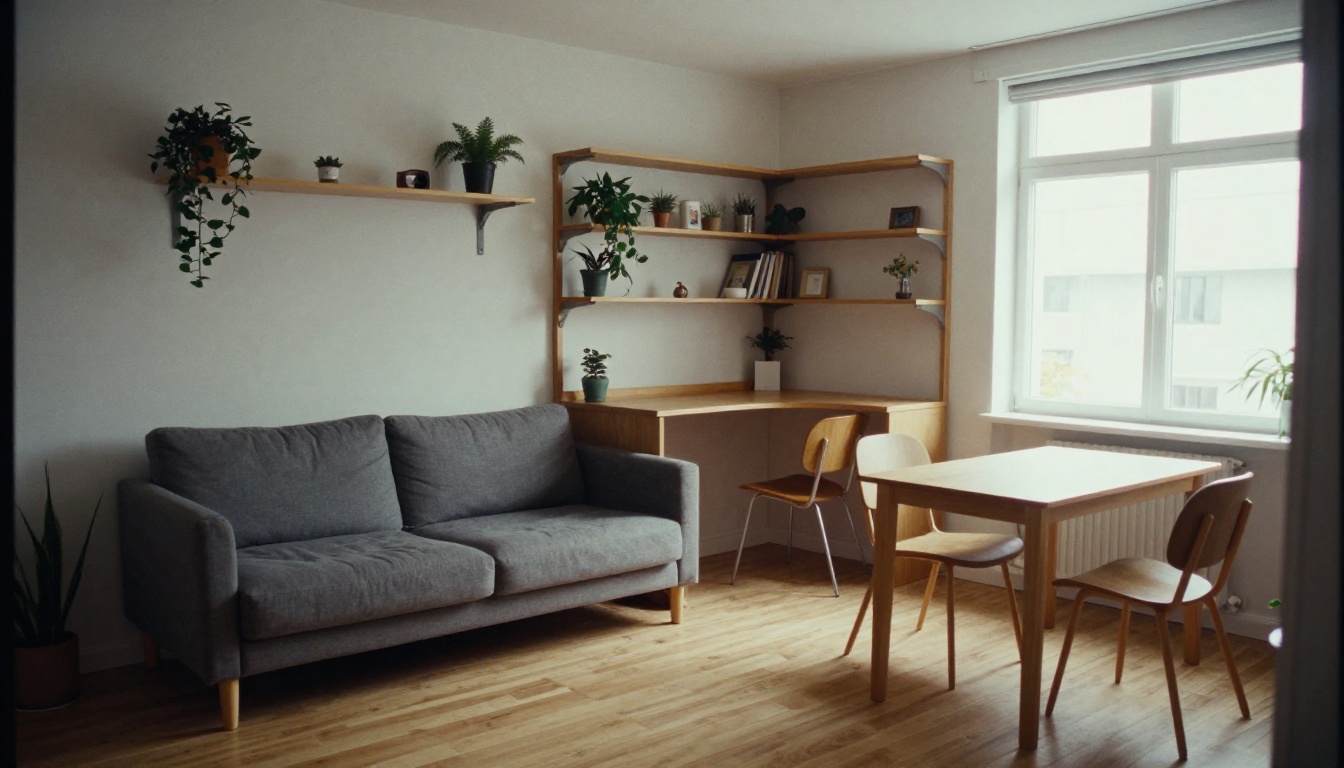 A compact studio apartment seen from a high corner, ready for a layout and style redesign