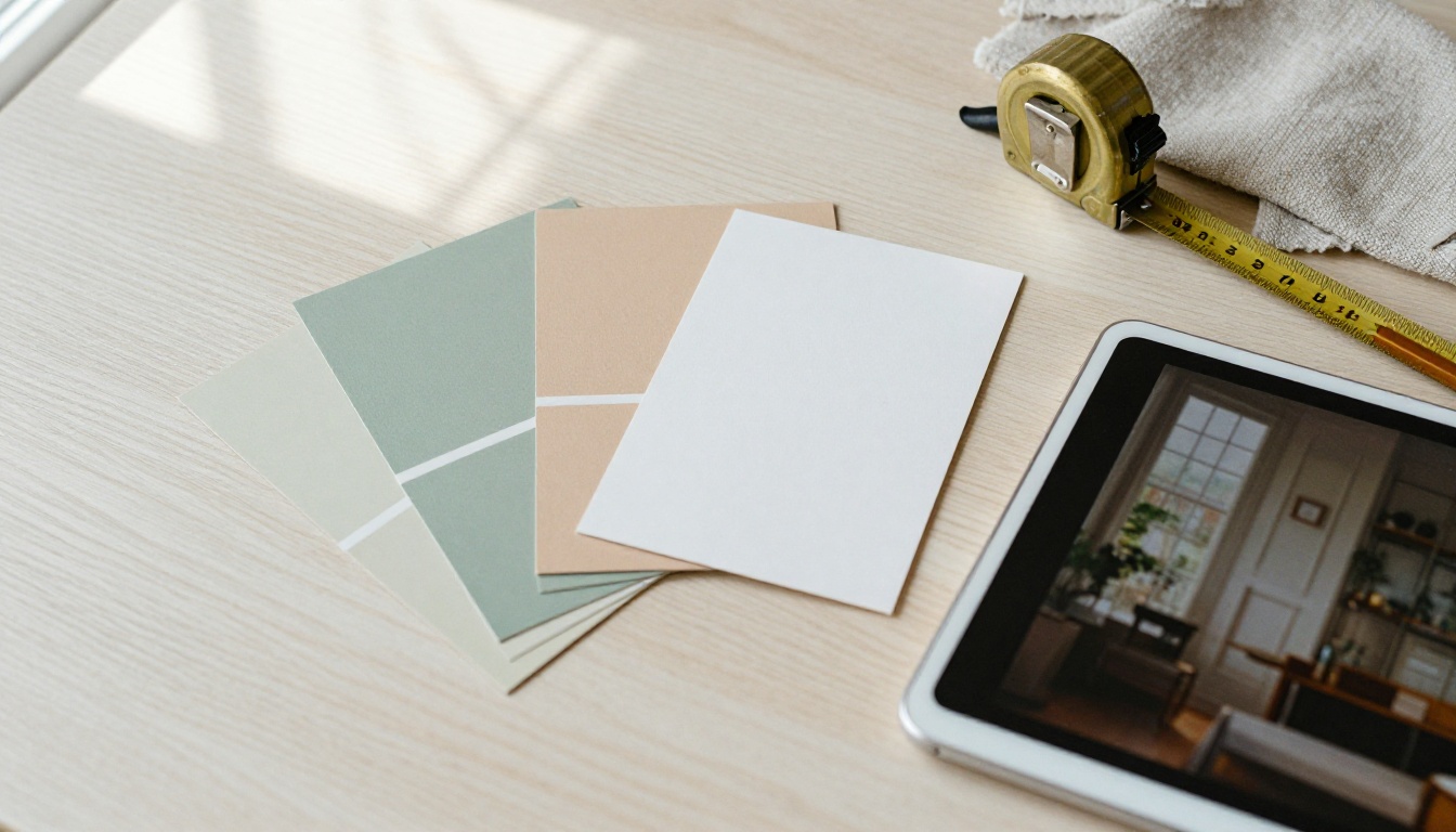 Flat lay of paint swatches, fabric samples, a tape measure and a tablet on an oak table