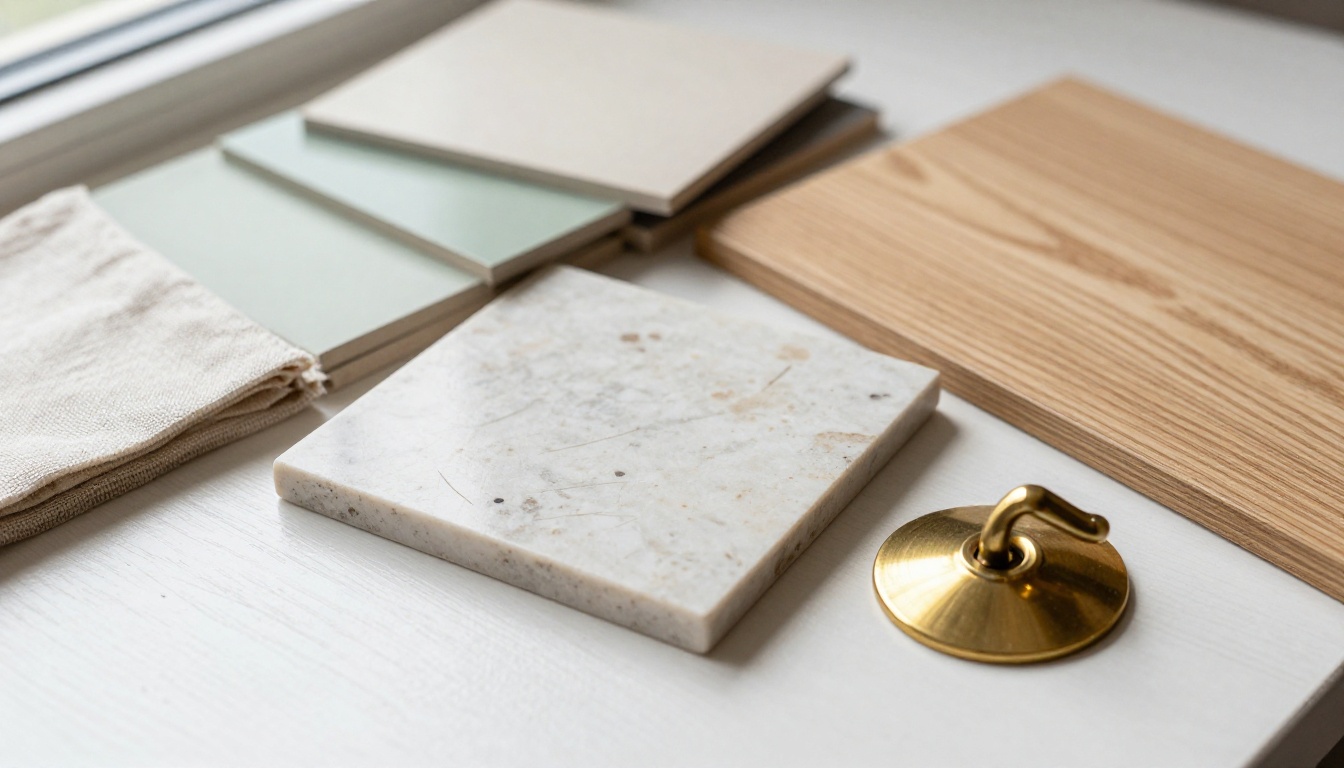 Paint chips, a linen swatch, travertine tile and brass hardware arranged on a white oak table
