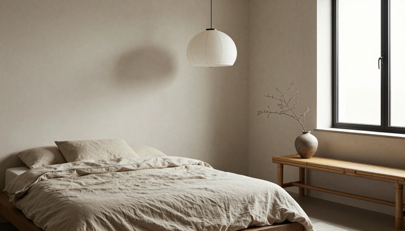 High corner view of a Japandi bedroom with a low platform bed and linen bedding