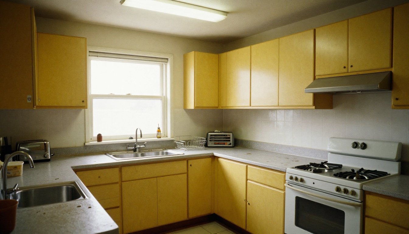 Before: a dated 1990s kitchen with yellow oak cabinets and laminate counters