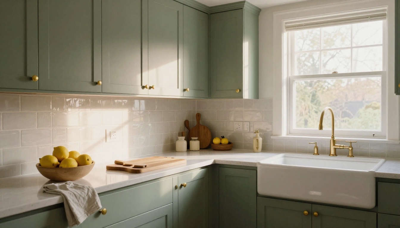 After: a redesigned kitchen with sage green cabinets and an oak butcher block island