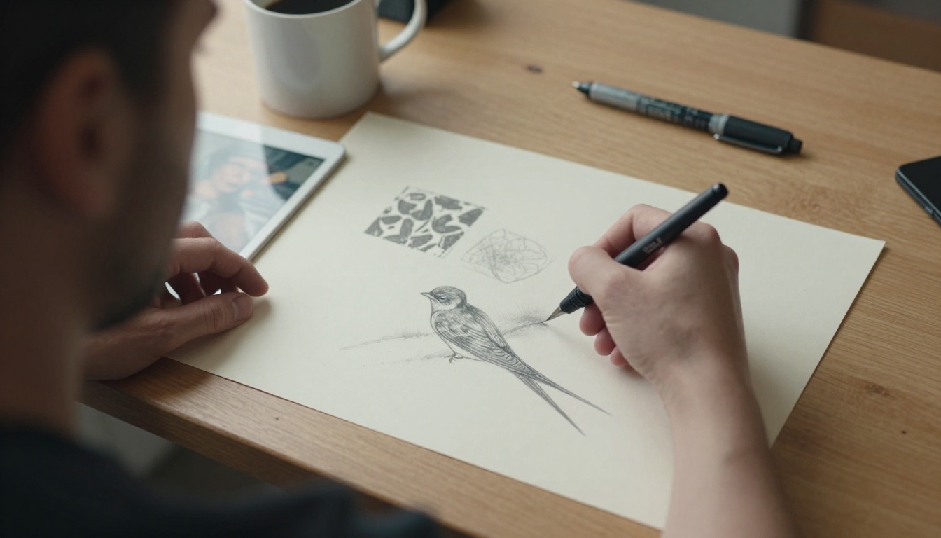 A tattoo artist's wooden desk with a swallow sketch, a printed stencil and a tablet showing a reference image
