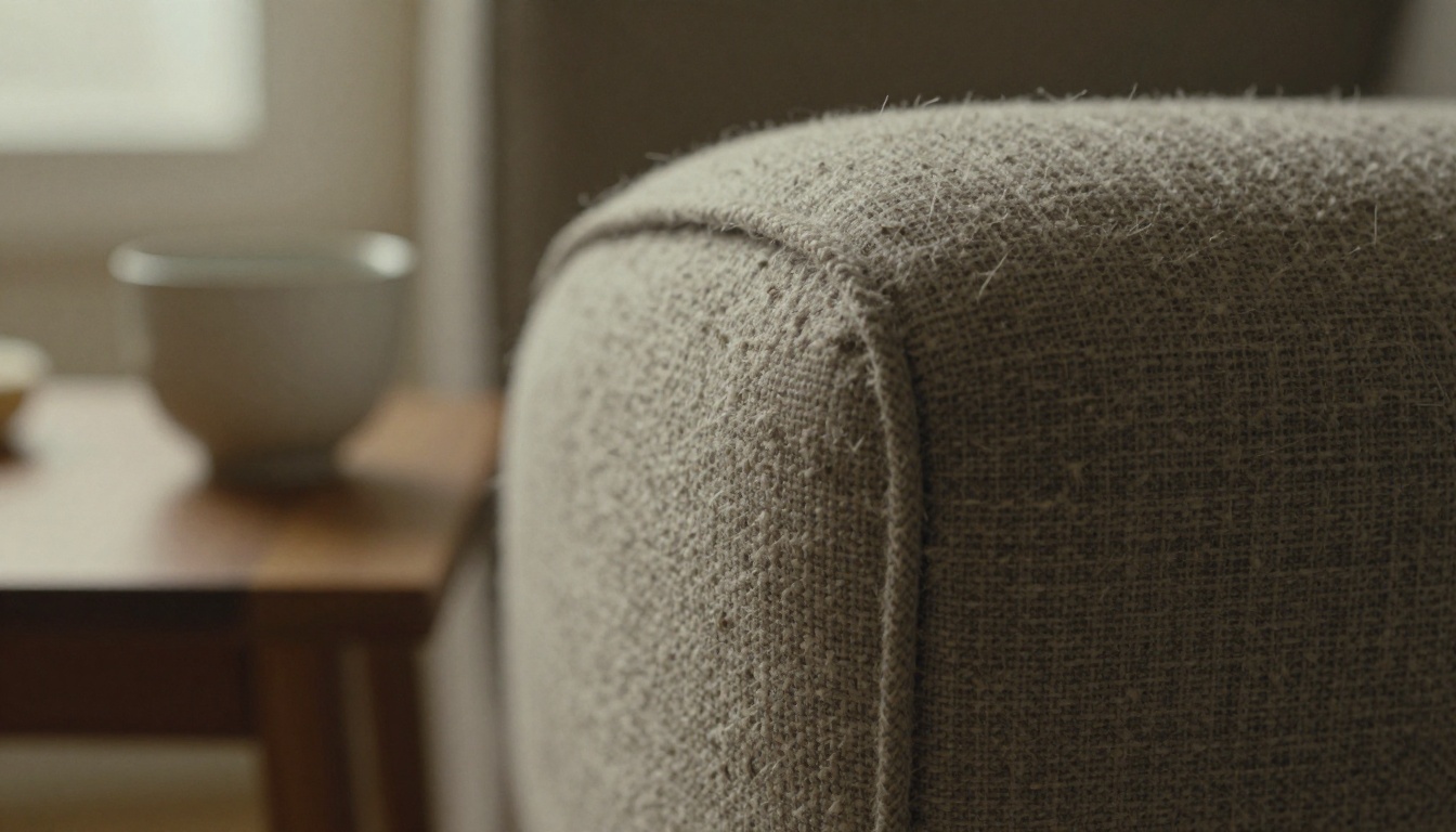 Extreme close-up of boucle fabric beside a walnut side table in side light
