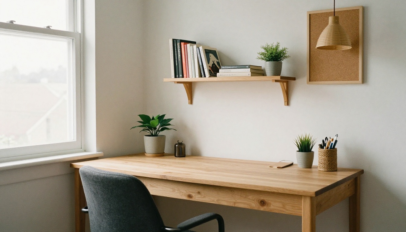 Three-quarter view of a tidy home office with an oak desk under a window