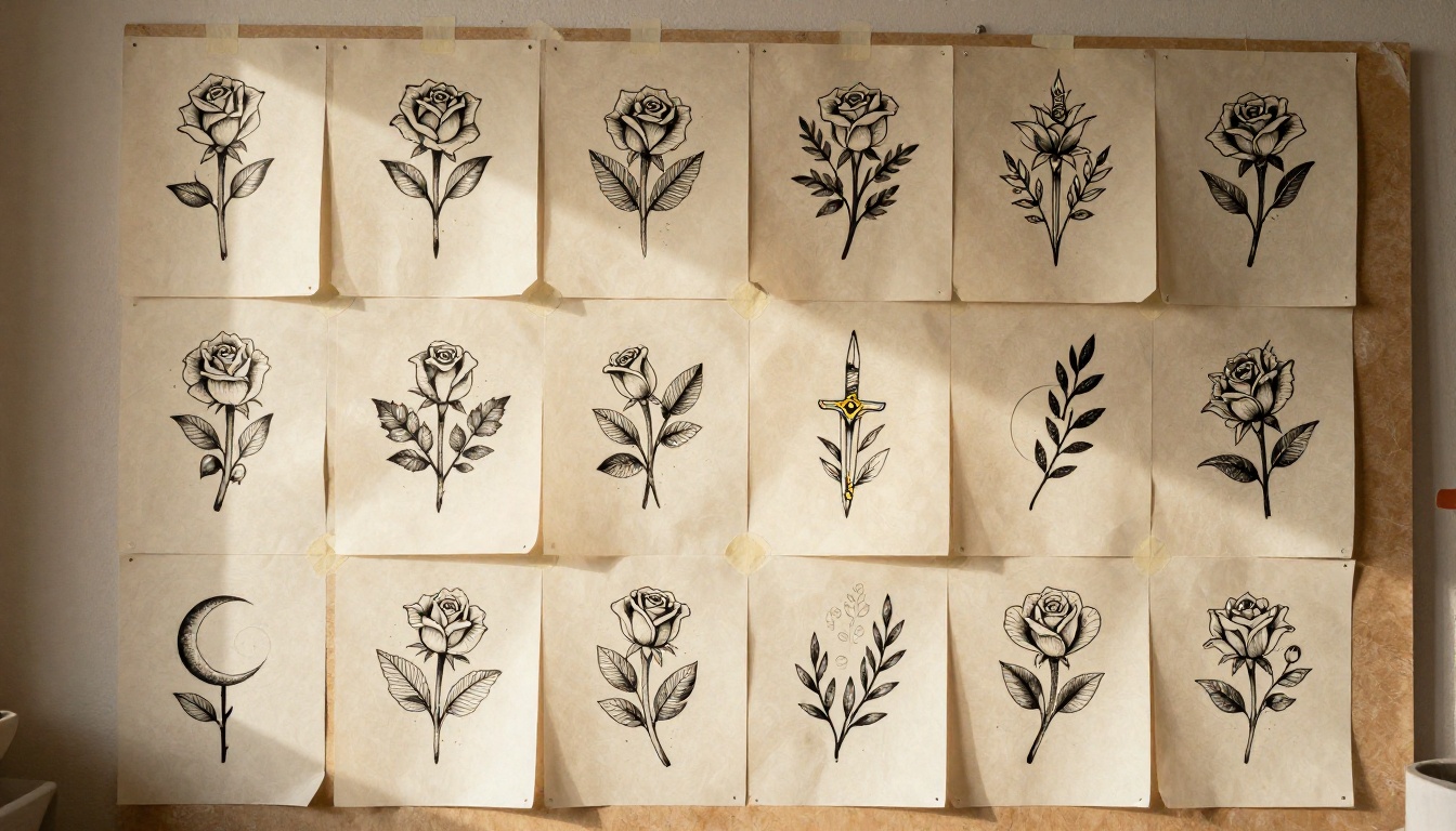 Studio wall filled with pinned flash sheets of roses, moons, daggers and botanical sprigs in black ink
