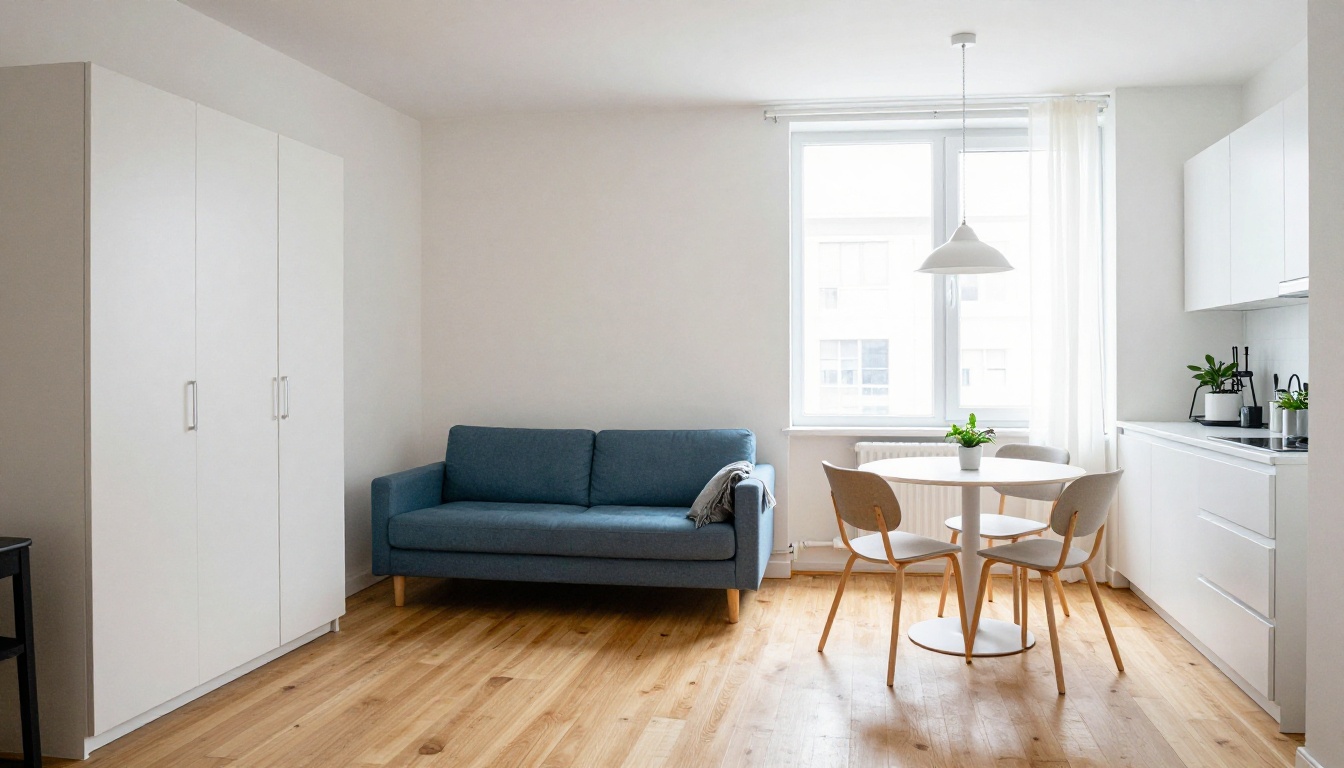 View from the entrance of a compact studio apartment with a dusty blue sofa bed and round dining table
